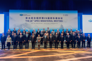 Gruppe von Menschen in formeller Kleidung auf einer Bühne mit einem "Asia Pacific Economic Cooperation Summit"-Hintergrund, Treppen, Tafeln und Deckenleuchten.