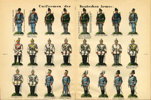 Ein Buch, das bunte deutsche Armee-Uniformen mit detaillierten Verzierungen zeigt, einschließlich Helme, Gewehre und andere Waffen.