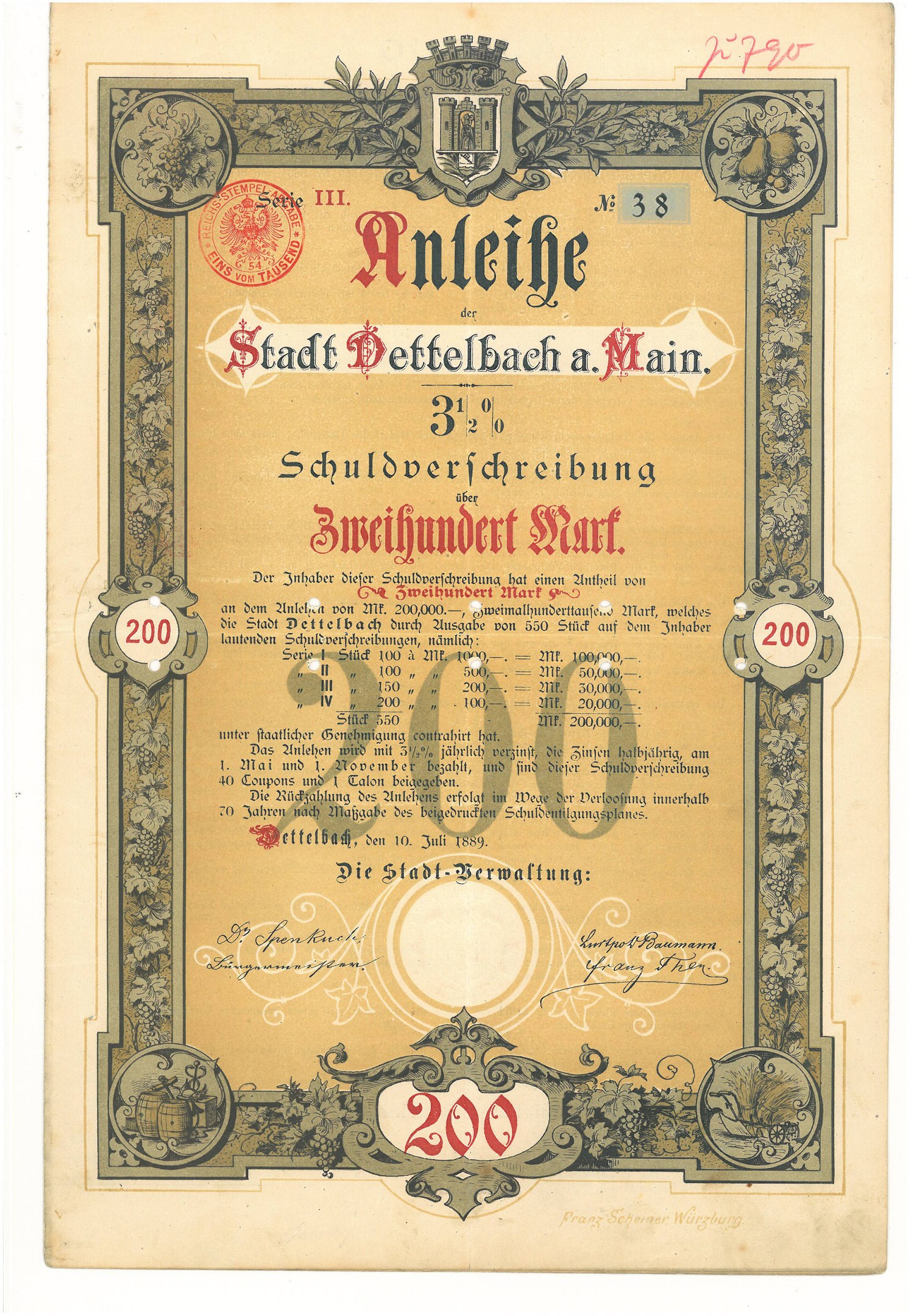 Altes deutsches Aktienzertifikat mit einem Mannsporträt, mit gedrucktem Text und numerischen Werten, die die Aktien Details angeben.