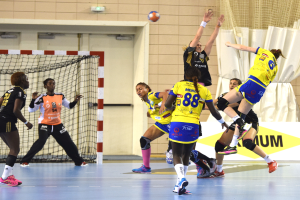 Eine Gruppe von Frauen beim Handballspielen auf einem Feld, mit einem Ball in der Luft, einem Tor mit Netz, einer Fahne mit Text, einem Vorhang und einer Wand im Hintergrund.