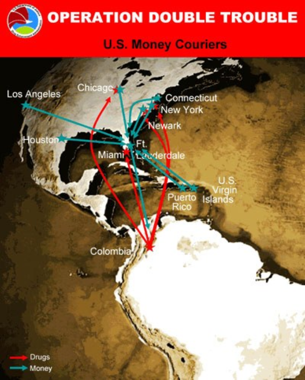 Plakat mit dem Titel "Operation Double Trouble: US-Geldkurier" mit einer Karte der USA, die in zwei Abschnitte unterteilt ist, wobei der eine die Route der US-Geldkurier und der andere die Standorte der Geldkurier zeigt, mit fetter schwarzer Schrift in einem weißen Rand.