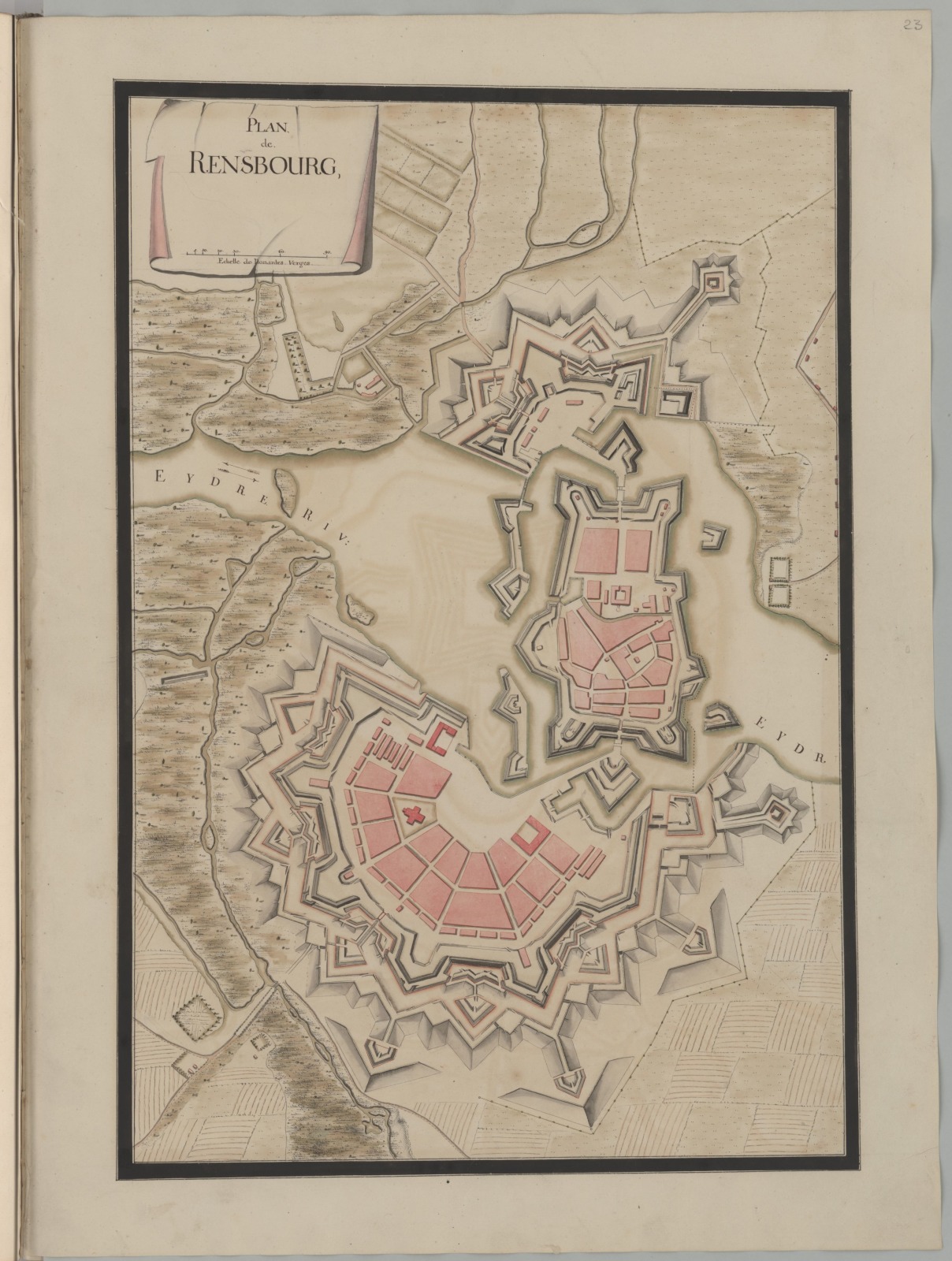 Ein altes Buch mit einer detaillierten Karte von Rensburg, Deutschland, das Straßen, Gebäude und Sehenswürdigkeiten zeigt und von Texten über die Bevölkerung, Geschichte und Kultur der Stadt begleitet wird.
