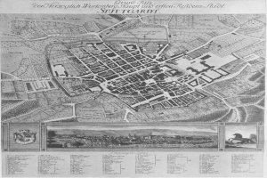 Schwarze und weiße detaillierte Karte von Stuttgart, Deutschland, mit Straßen, Gebäuden und Sehenswürdigkeiten, mit Text und Logo oben und unten.
