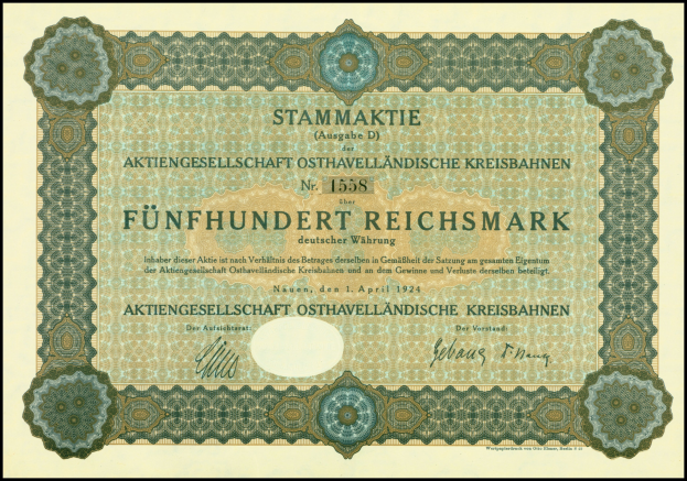 Ein altes deutsches Wertpapier mit schwarzem Rand und gedrucktem Text.