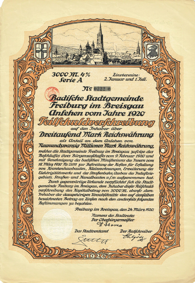 Ein altes deutsches Aktienzertifikat mit einer Illustration einer Stadt und einem Text über dessen Herkunft.