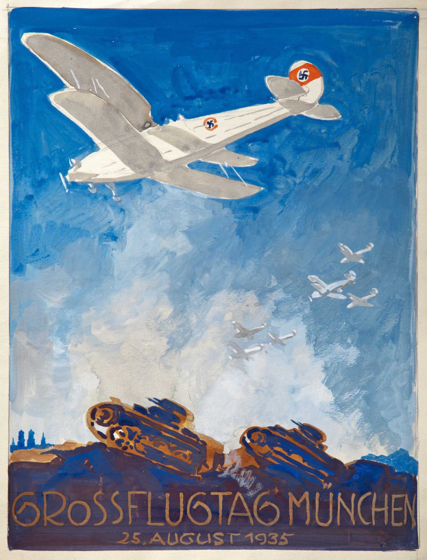 Plakat für eine Luftschau in München am 25. August 1935, das Flugzeuge am Himmel zeigt.