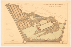 Ein detailliertes altes Stadtplan von Berlin, Deutschland, zentriert auf Volkspark Rehberg, der Gebäude, Straßen und Parkmerkmale mit textuellen Informationen über die Parkgröße, den Standort und die Annehmlichkeiten zeigt.