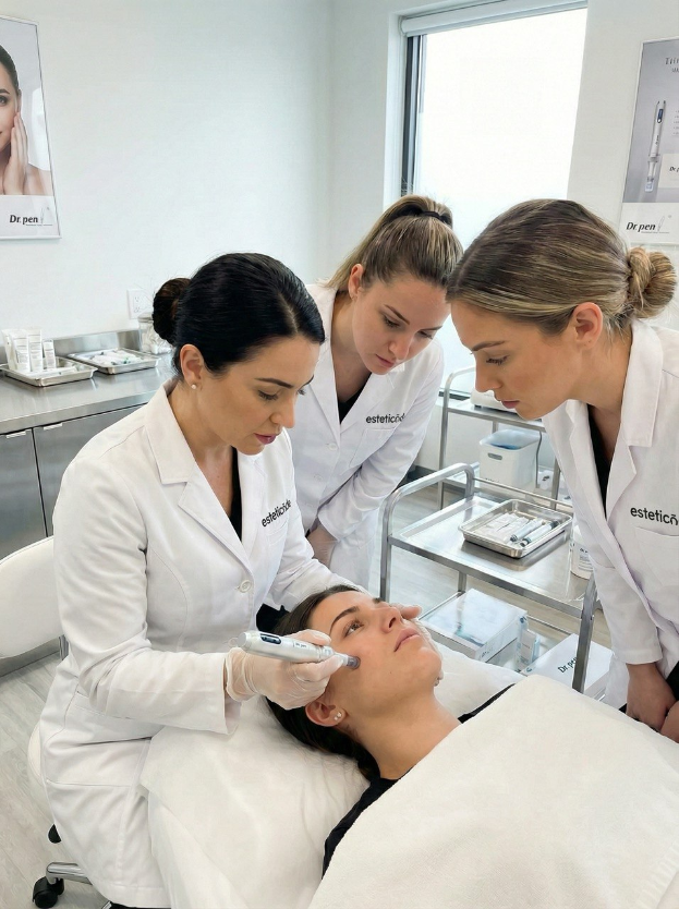 Ein minimalistisches Kosmetikstudio: Drei Fachkräfte in weißen Arbeitskitteln führen konzentriert eine professionelle Gesichtsbehandlung durch. Die Atmosphäre strahlt Präzision, Expertise und den Einsatz fortschrittlicher Hautpflegeverfahren aus.