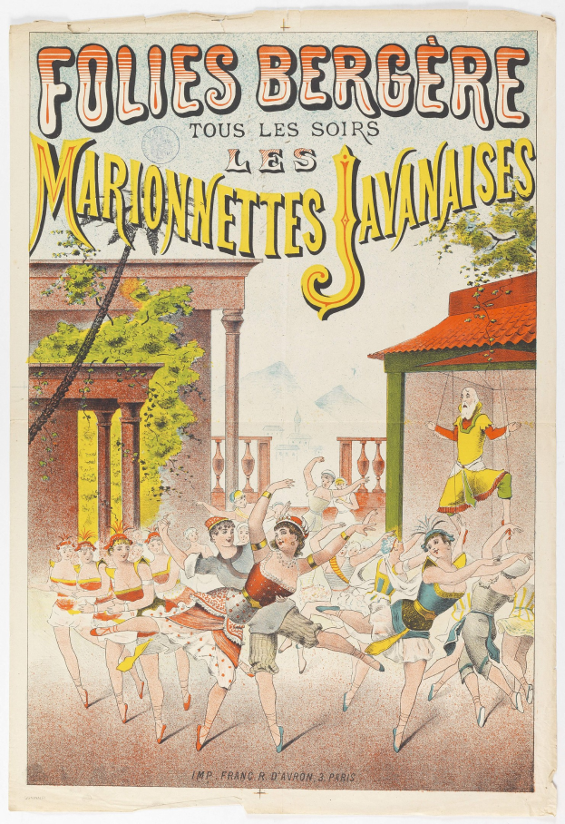 Plakat für eine Tanzshow in Paris mit Tänzern im Vordergrund, einem Gebäude, Bäumen und Himmel im Hintergrund sowie Text.