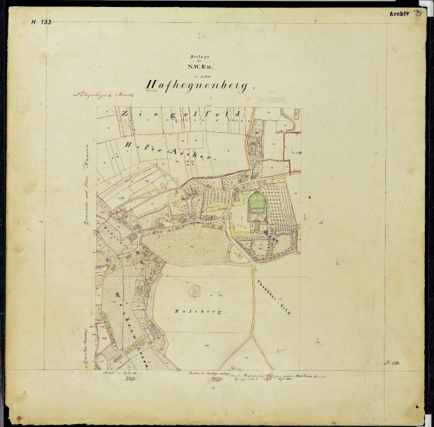 Alte Karte von Hofhegenberg, Deutschland, umrandet in Schwarz, zeigt Straßen, Gebäude und Sehenswürdigkeiten im Detail.