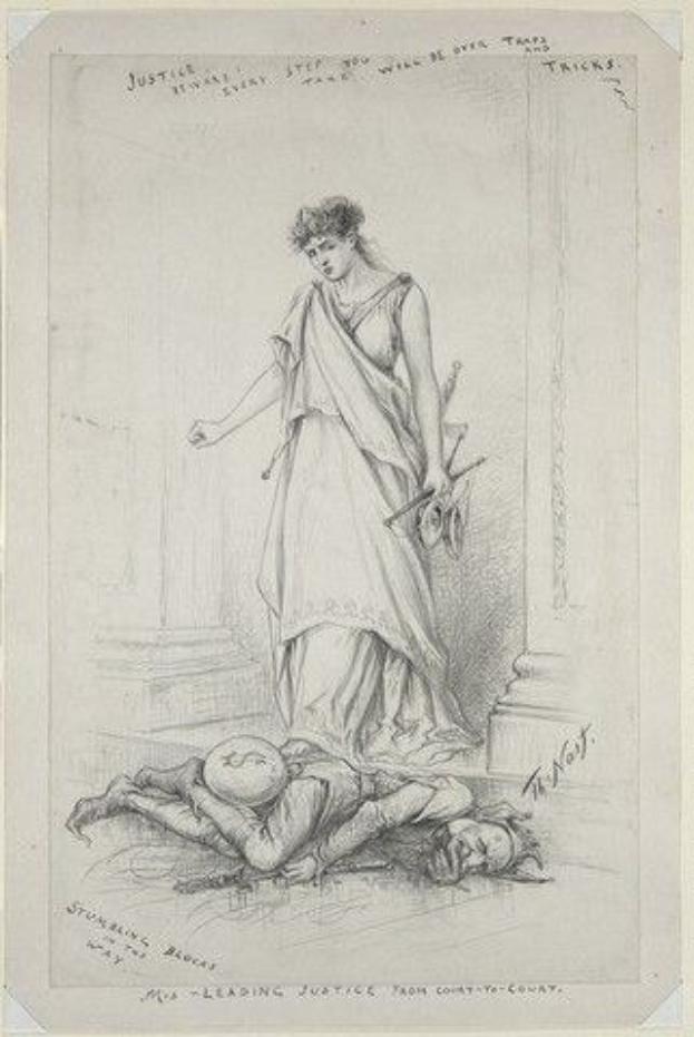 Eine Frau in einem langen Kleid steht mit gefalteten Händen neben einem Mann, der auf dem Boden liegt und seinen Kopf auf den Händen ruht, mit der Inschrift "Der leitende Richter vom Bezirksgericht" sichtbar.