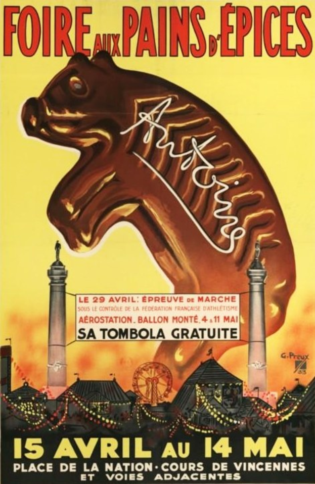 Circusplakat in Paris mit einem Pferd, zwei Türmen, einem Riesenrad und der Aufschrift "Faire aux Pains de Epices" oben drauf.