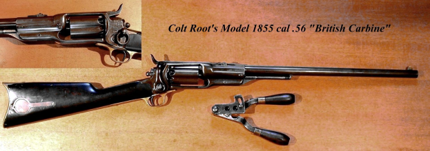 Colt Model 1855 Cal. 56 British Carbine, ein repetierender Feuerarm mit einer hölzernen Oberfläche und eingravierten Text.