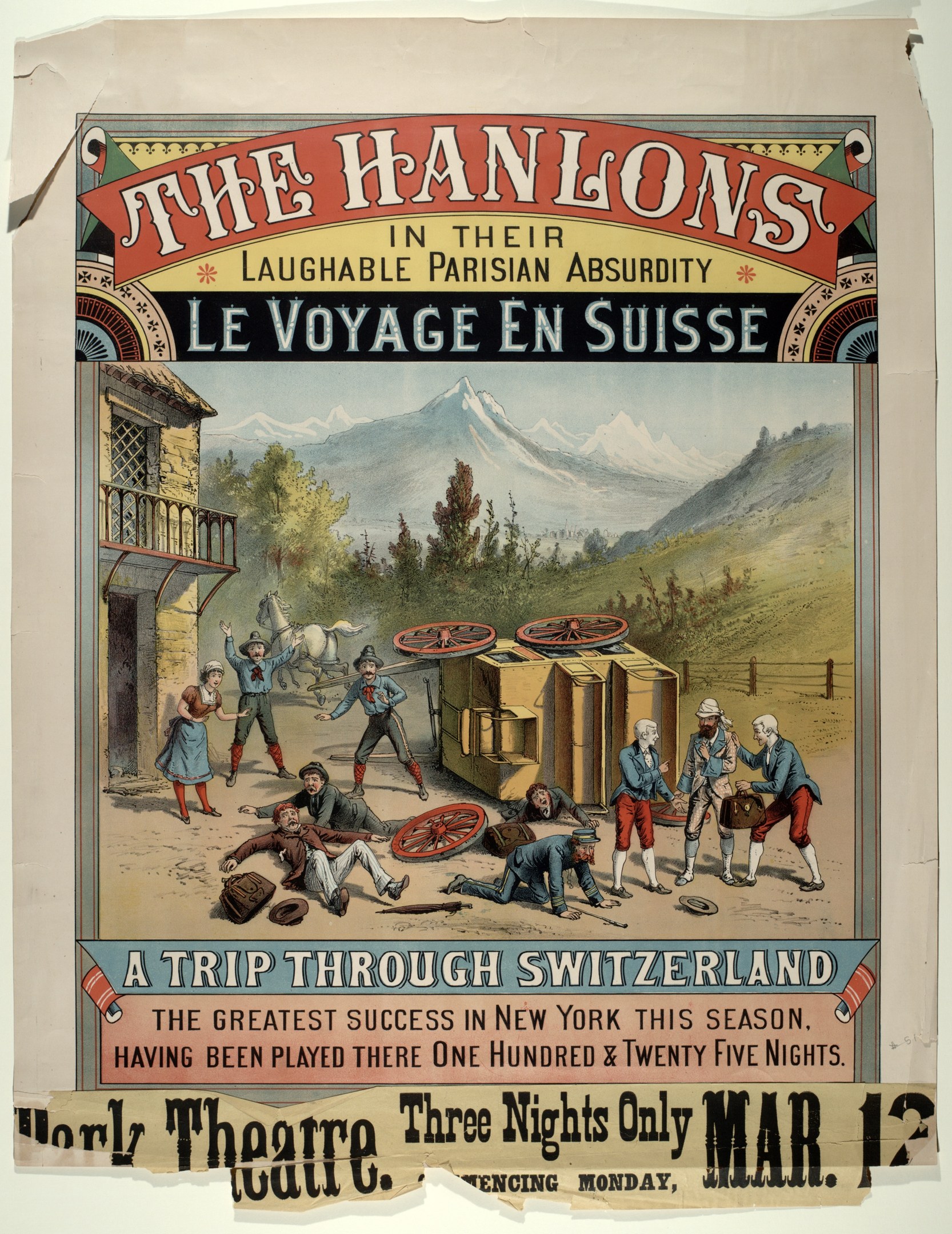 Plakat für "Hanlons in ihrer lachhaften Pariser Absurdität Le Voyage en Suisse", das eine Gruppe von Menschen, ein Gebäude, Bäume, Hügel und Himmel mit Textüberlagerung zeigt.