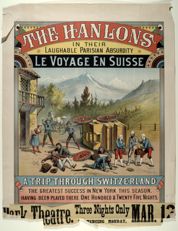 Plakat für "Hanlons in ihrer lachhaften Pariser Absurdität Le Voyage en Suisse", das eine Gruppe von Menschen, ein Gebäude, Bäume, Hügel und Himmel mit Textüberlagerung zeigt.
