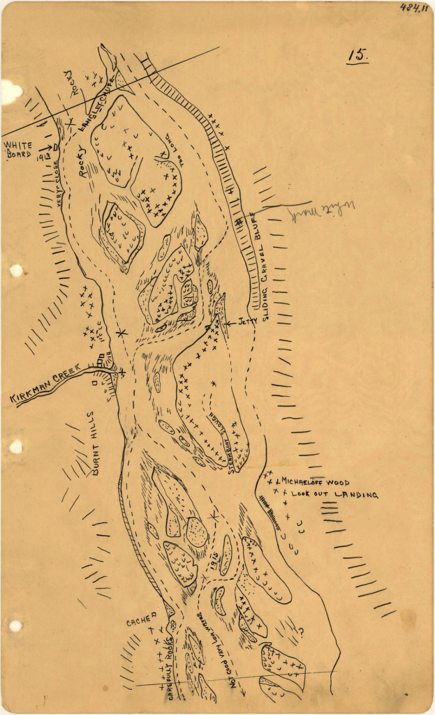 Detailiertes altes Stadtplan auf altem Papier mit handgeschriebenem Text, der Straßen, Gebäude, Parks und Sehenswürdigkeiten benennt.