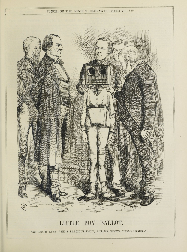 Ein Kind steht in der Mitte einer Zeichnung und hält eine Kamera in der Hand, umgeben von einer Gruppe von Menschen, mit dem Text "Little Boy Ballot" unten.