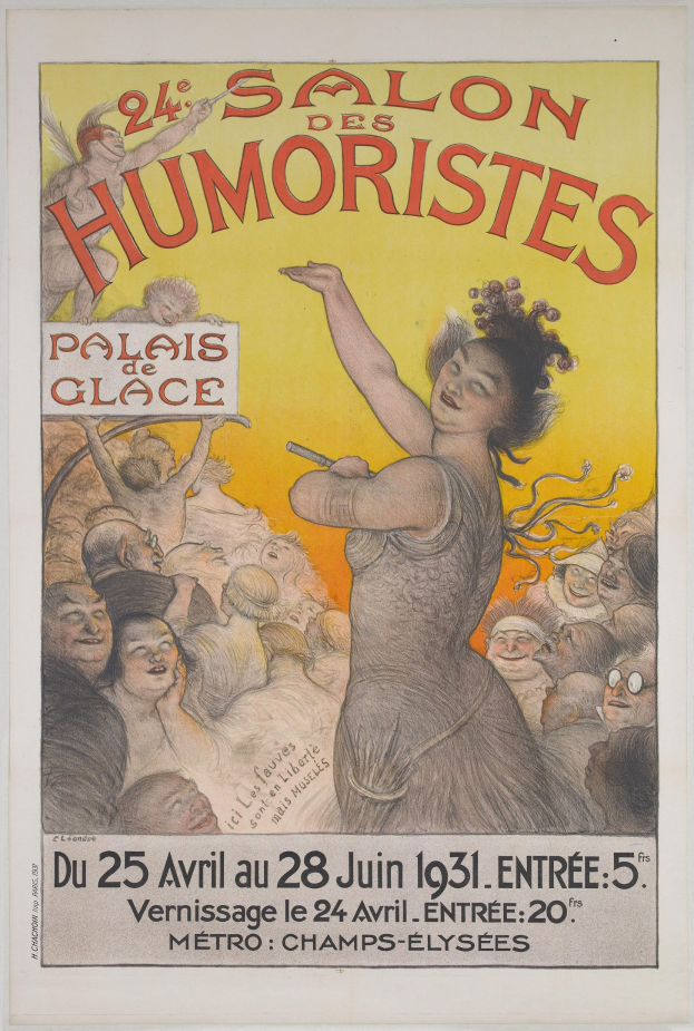 Plakat für den Salon des Humoristes in Paris mit einer Frau inmitten einer Menge, begleitet von Texten zum Event.