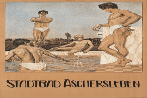 Plakat für ein Schwimmbad in Aschersleben, Deutschland, das Menschen im Wasser und Text über die Einrichtungen des Bades zeigt.