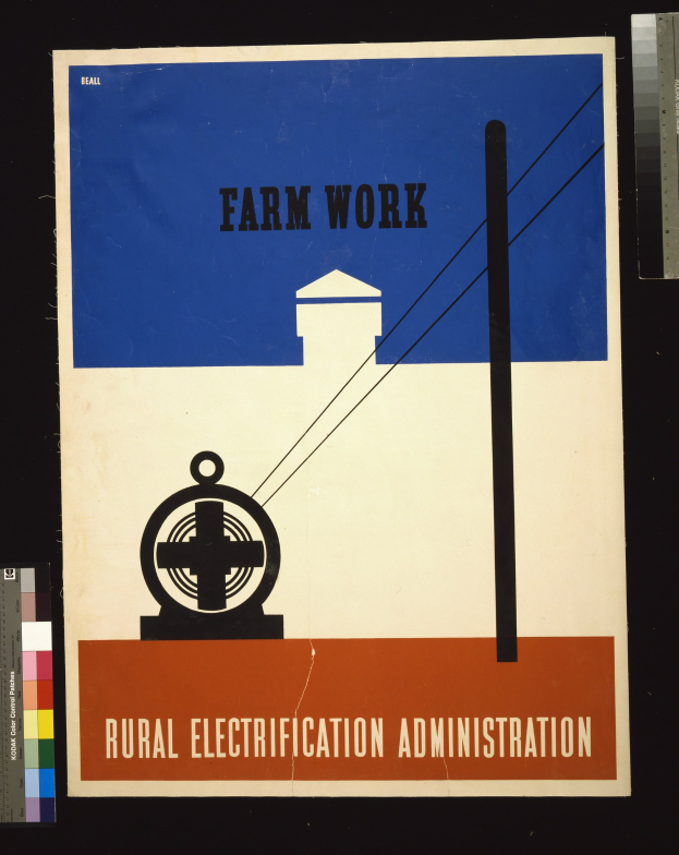Plakat mit fetter schwarzer Schrift "Farm Work Rural Electricity Administration" auf weißem Hintergrund, eingerahmt von einem schwarzen Rand, mit einer Grafik einer Farm mit einem Traktor und einem Bauernhof.