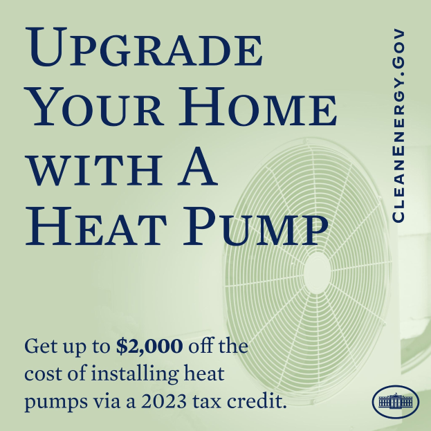 Plakat bewirbt Heizpumpen-Upgrades für zu Hause mit einem Bild einer Heizpumpe und dem Text "Upgrade Your Home with a Heat Pump."