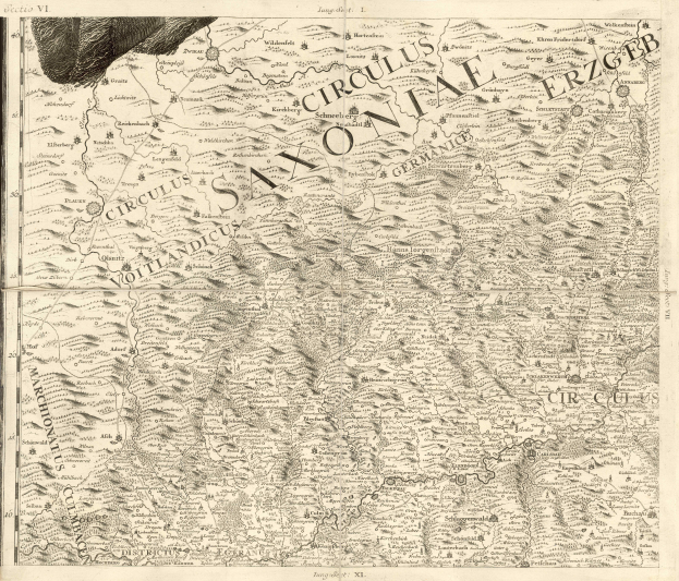 Ein detailliertes altes Kartenbild von Sachsen, Deutschland, das geografische Merkmale wie Flüsse, Berge und Städte zeigt, mit begleitendem Text, der Informationen über die Region und ihre Bewohner liefert.