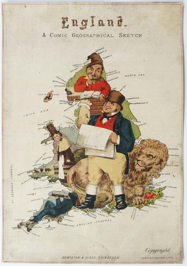 Ein Plakat mit dem Titel "England: Eine komische geografische Skizze", das eine Cartoon-Karte von England mit stilisierten Menschen, realistischen Tieren und leuchtenden Farben zeigt.