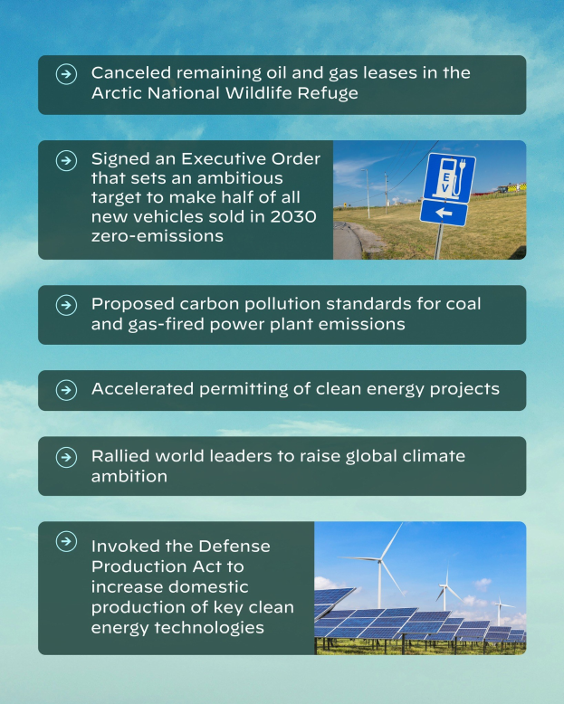 Plakat mit dem Text "Abgesagte Öl- und Gasgenehmigungen im Arctic National Wildlife Refuge" mit Bildern von Solarpanelen und Windrädern vor einem bewölktem Himmel.