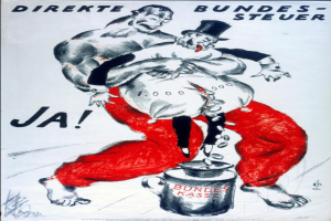 Ein deutscher Propagandaplakat aus den 1930er Jahren mit dem Titel "Bundes-Steuer" von Adolf Hitler, das einen Mann mit Zylinder und eine Frau in rotem Kleid mit einem Krug vor ihnen zeigt.