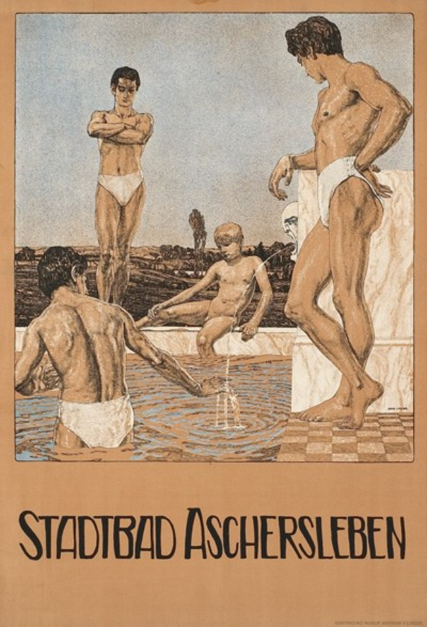 Plakat für ein Schwimmbad in Aschersleben, Deutschland, das Menschen im Wasser zeigt, darunter eine sitzende Person und Text mit Pool-Informationen.