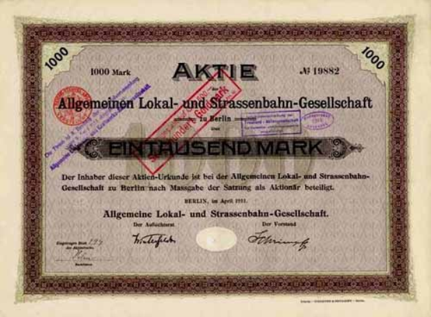 Alter deutscher Aktienchein von der deutschen Regierung ausgestellt mit gedrucktem Text und numerischen Werten.