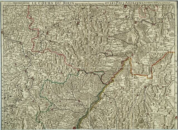 Alte gedruckte Karte des Rheinlands-Pfalz-Gebiets in Frankreich mit dem Rhein-Fluss, auf Papier mit Text oben und unten gedruckt.