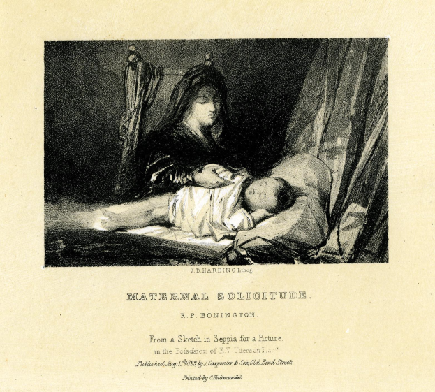 Eine Frau in einem weißen Kleid sitzt auf einem Bett und hält ein Baby nah an ihrer Brust, während das Baby zu ihr hochschaut; der Text "Maternal Solitude von R.P. Bonington" erscheint unten.